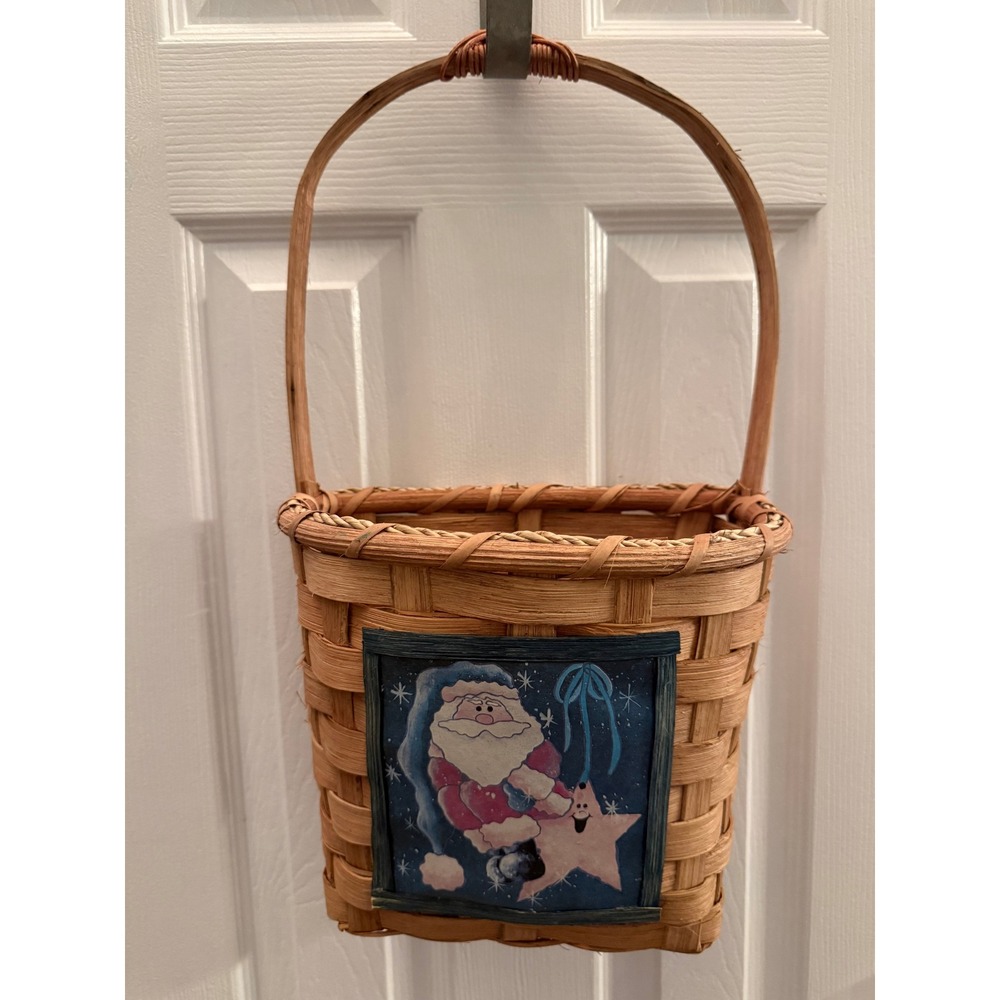 Handcrafted Woven Wood Christmas Basket Santa Claus Hand Painted Folk Art Decor